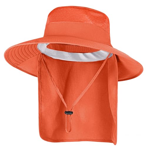 Sun Hats for Men Women Fishing Hat UPF 50+ Breathable Wide Brim Bucket Hats Summer UV Protection Safari Hat with Neck Flap - color: Orange