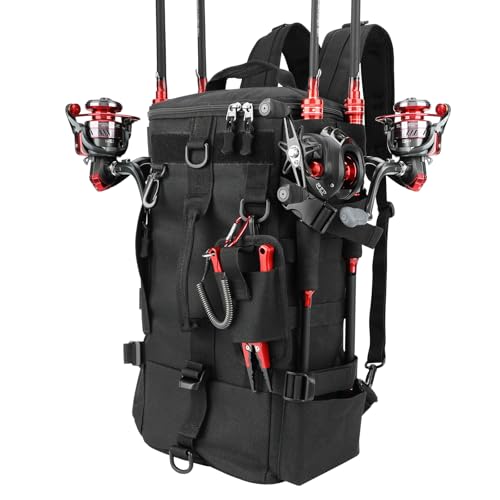 KOMCLUB Black Fishing Sling Tackle Storage Backpack, Large with Rain Cover‌ | Waterproof Outdoor Fishing Bag, Ideal Fishing Gifts for Men, Fits All-Day Fishing Trips - color: Black