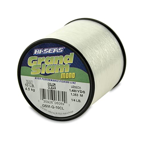 HI-SEAS Grand Slam Monofilament Fishing Line - Strong & Abrasion Resistant in Clear, Pink, Green, Smoke Blue, Fluorescent Yellow Freshwater & Saltwater – Quarter Pound Spool - color: Clear, style: 10 Lb Test, 0.30 Mm Dia, 1480 Yd