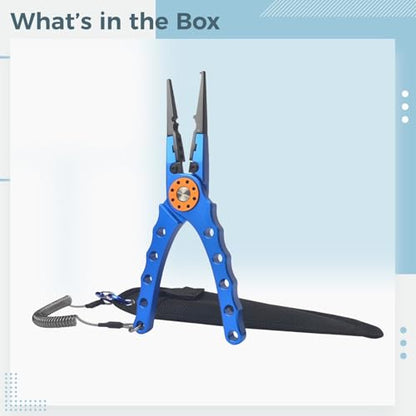 7.9 in Aluminum Fishing Pliers with Stainless Steel Cutters, Sawtooth Jaws, Lanyard and Sheath, Classic Blue