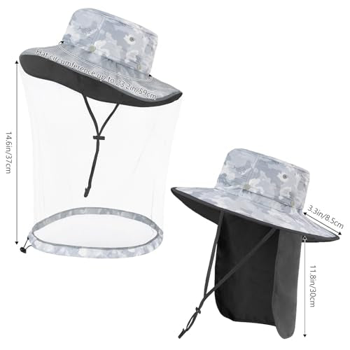BASSDASH UPF 50+ Mosquito Sun Hat with Hidden Head Net and Neck Flap for Men Women Outdoor Fishing Hiking Camping - color: Light Grey Camo