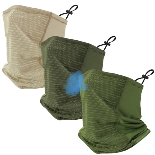 Geyoga 3 Pcs Cooling Neck Gaiter for Men Women Breathable Mesh UV Protection Summer Neck Cover with Mesh Hole Strap Neck Wrap - color: Light Khaki, Grass Green, Army Green