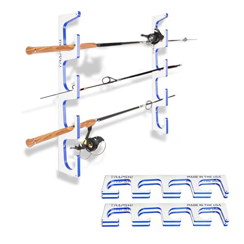 TRAPSKI Made in the USA Premium Fishing Rod/Pole Holder Rack Organizer | Wall or Boat Mounting Fishing Rod Rack | Marine Grade HDPE Plastic | Rod Holder for up to 8 Rods | Stackable - 2 Pack - color: H4 White/Blue
