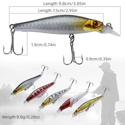 Minnow Crank Baits Fishing Lures Kit Crankbaits with Hooks for Saltwater Freshwater, Lure kit for Trout Bass Salmon Fishing