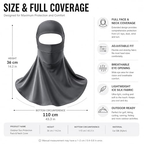 Face Cover for Sun Protection UPF 50+ UV Face Mask, UV Face Shield for Golf, Hiking Fishing & Outdoors Breathable - color: Dark Grey