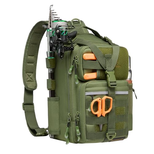 BASSDASH Convertible Fishing Backpack Sling Bag with Rod Holder, Adjustable Tactical Water-Resistant Tackle Storage Pack FP07 - color: Army Green, size: Standard