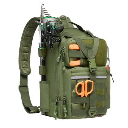 BASSDASH Convertible Fishing Backpack Sling Bag with Rod Holder, Adjustable Tactical Water-Resistant Tackle Storage Pack FP07 - color: Army Green, size: Standard