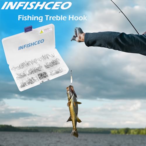 Fishing Treble Hooks Kit, Large Size High Carbon Steel Hooks 3X Strong Sharp Round Bend Hooks with Split Rings for Saltwater Freshwater Fishing 200pcs/Box Mixed 5 Size 2 4 6 8 10 - color: Silver