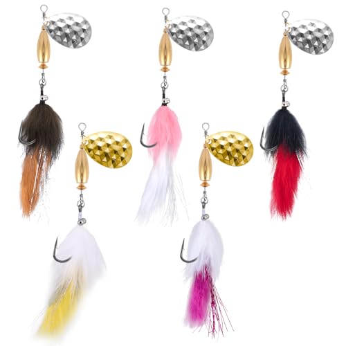 Dr.Fish 5 Pack Fishing Spinner, Bunny Streamer Fly Spinner Inline Spinnbait 7/16oz with Feathered Roostertail Single Hook for Bass Trout Salmon Fishing Lure Kit Freshwater & Saltwater