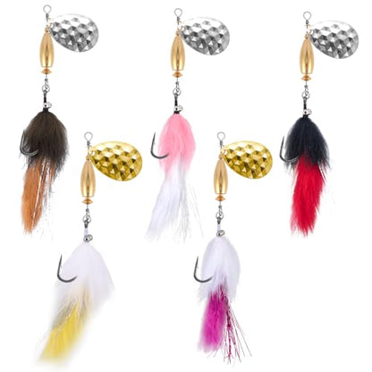 Dr.Fish 5 Pack Fishing Spinner, Bunny Streamer Fly Spinner Inline Spinnbait 7/16oz with Feathered Roostertail Single Hook for Bass Trout Salmon Fishing Lure Kit Freshwater & Saltwater