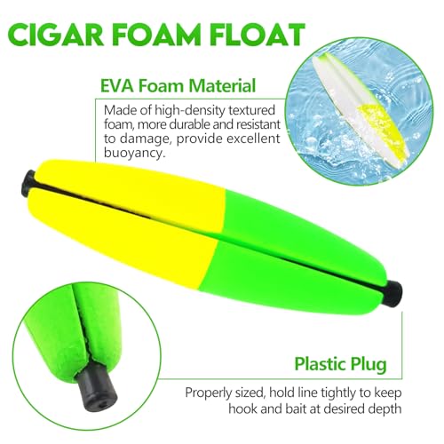 EUPHENG Peg Floats Slotted, Catfish Fishing Floats Slip Bobbers Cigar Foam Bobbers with Pipe Plug for Santee Rig Catfish Rig Fish Finder Rig - color: 16PCS-Green Yellow+Red Yellow-(1.5"+2"+2.5"+3")