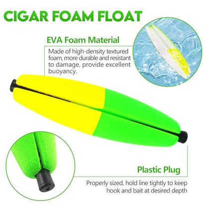 EUPHENG Peg Floats Slotted, Catfish Fishing Floats Slip Bobbers Cigar Foam Bobbers with Pipe Plug for Santee Rig Catfish Rig Fish Finder Rig - color: 16PCS-Green Yellow+Red Yellow-(1.5"+2"+2.5"+3")