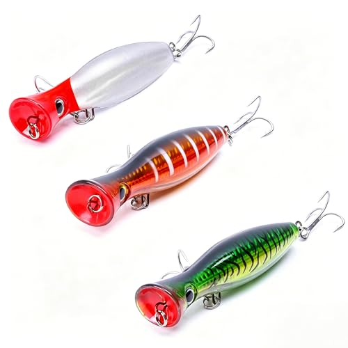 Popper Fishing Lure Set, 3 PCS Topwater Popper Lures 3D Eyes Fishing Accessories for Saltwater Surface Casting and Freshwater Fishing Gt Tuna Kingfish Large Predator Fish (5.11in, 1.48Oz) - color: B