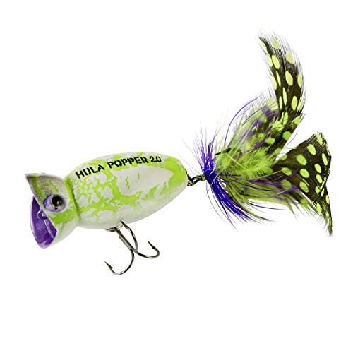 Arbogast Hula Popper 2.0 Topwater Fishing Lure with Feathered Treble Hook and Crackle Pattern Body - color: White Zombie