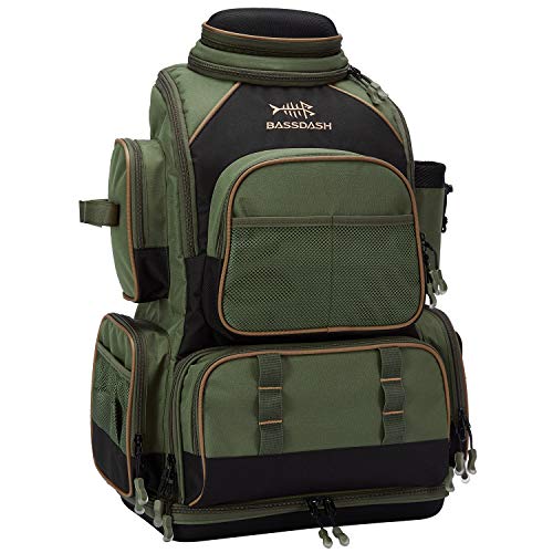 BASSDASH Fishing Tackle Backpack Water Resistant Tactical Bag Soft Tackle Box with Rod Holder and Protective Rain Cover - color: Green Backpack [3670] without Trays