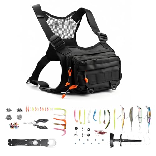 All in One Fishing Chest Pack Tackle Bag with Tackle Box, Fishing Lures Kit, Hook Remover Tool, Fish Lip Gripper, Fishing Plier Friendly for Beginners & Professional Anglers Gifts for Men (Black) - color: Black