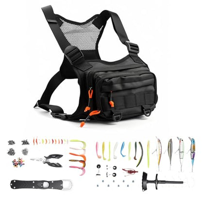 All in One Fishing Chest Pack Tackle Bag with Tackle Box, Fishing Lures Kit, Hook Remover Tool, Fish Lip Gripper, Fishing Plier Friendly for Beginners & Professional Anglers Gifts for Men (Black) - color: Black