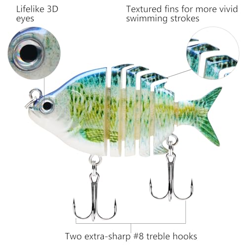 Bassdash SwimPanfish 0.34oz Hard Swimbaits Multi Jointed Topwater Trout Bass Fishing Crank Lure for Freshwater and Saltwater - color: Blue Fish