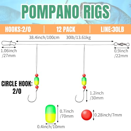 JellyArch 12 Pcs Pompano Rigs for Surf Fishing Offshore Surf Fishing Rigs Saltwater Gear Tackle with 2/0 Circle Hooks Double Circle Swivels Duo Lock Snaps - color: Yellow Green
