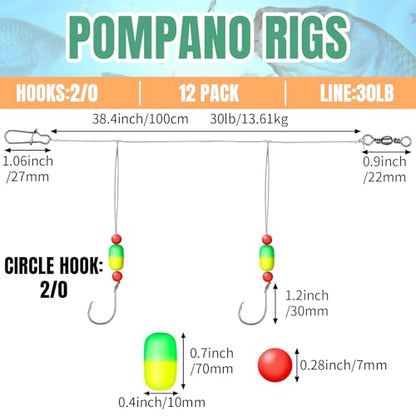 JellyArch 12 Pcs Pompano Rigs for Surf Fishing Offshore Surf Fishing Rigs Saltwater Gear Tackle with 2/0 Circle Hooks Double Circle Swivels Duo Lock Snaps - color: Yellow Green