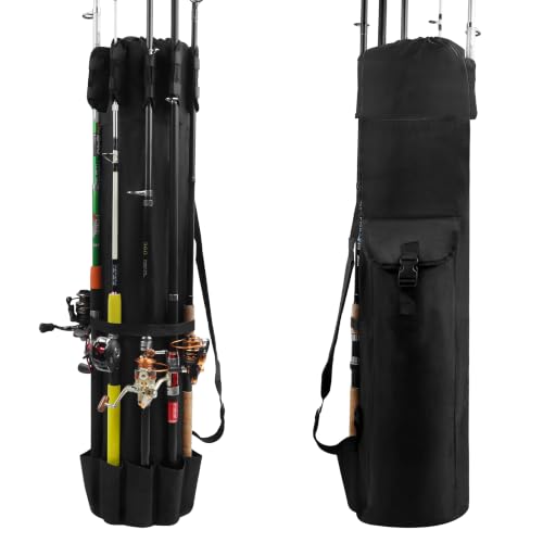 AGOOL Fishing Pole Bag with Rod Holder Fishing Rod Bag, 5 Rod & Reel Organizer Bag Waterproof Large Capacity Fishing Tackle Storage Bag Travel Carry Case Fishing Gifts for Men - color: Black