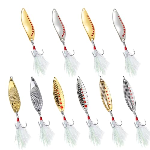 Fishing Lures 10pcs Spoon Spinner Baits FS/YE-09 | with Rooster Tail Treble Hook,Zinc Alloy Fishing Spoons,for Bass Trout Pike Walleye Salmon, Freshwater Saltwater - size: 2.36'',0.88oz