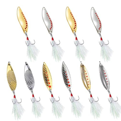 Fishing Lures 10pcs Spoon Spinner Baits FS/YE-09 | with Rooster Tail Treble Hook,Zinc Alloy Fishing Spoons,for Bass Trout Pike Walleye Salmon, Freshwater Saltwater - size: 2.36'',0.88oz