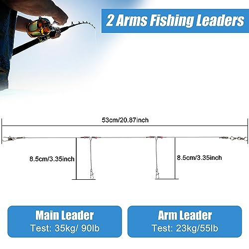 Fishing Leader Rigs Saltwater Freshwater Stainless Steel Wire Leader Fishing Rigs with Swivels Snaps Beads 1-3 Arms Saltwater Rig Wire Bottom rigs for Trolling Pier Surf Fishing Tackle - color: Silver-2 Arm-12pcs
