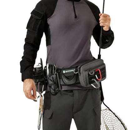 Wading Fishing Belt with Rod Holder and Tackle Pouch, Grey | Hands Free for Lure, Lumbar Support, Waists 32 to 61 Inches, Modular Detachable, Pliers Holster, Water Bottle Holder - color: Grey