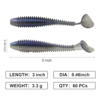 Paddle Tail Swimbaits, 2.5 inch/3inch Soft Lures Fishing Trout Crappie Bass for Freshwater and Saltwater 75PCS/60PCS - color: Junebug Purple, size: 3 inch, 60 PCs