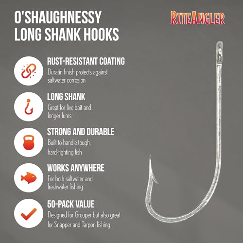 Rite Angler O'Shaughnessy Long Shank Hooks 50-Pack for Inshore and Offshore Fishing, Trolling in Saltwater and Freshwater, Assorted Sizes #2, 1, 1/0, 2/0, 3/0, 4/0, 5/0, 6/0, 7/0, 8/0, 9/0, 10/0 - size: 4/0