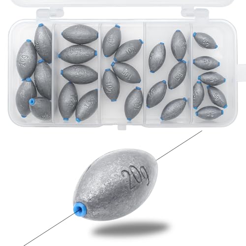 Egg Fishing Sinkers Weights Assortment | 26pcs 5/6 Size Bullet Fishing Weights Lead Oval Shape Bass Casting Worm Bullet Tackle for Saltwater Freshwater Fishing - size: 5 sizes-26pcs