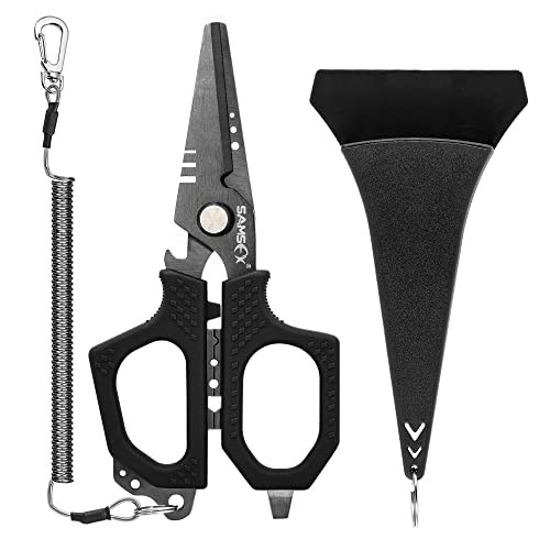 SAMSFX Fishing 6.5" Pro Fishing Scissos, Dual Serrated Blades, Braided Line Shears with Titanium Coating, Non-Slip Grip & Multifunction Tool, Come with Hard Molded Locking Sheath & Coiled Lanyad - color: A: Black Kraton Handle, Hard Sheath