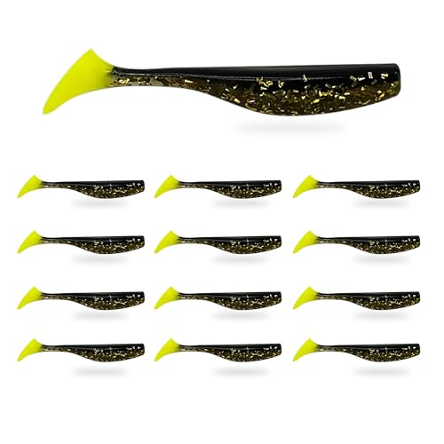 Soft Plastic Paddle Tail Swimbaits – 3 1/4", 4" & 5" Soft Plastic Fishing Lures with Extra-Large Tail for Lifelike Swimming Action – Freshwater & Saltwater - color: Gold with Chartreuse Tail, size: 3 1/4 Inch - 12 Pack