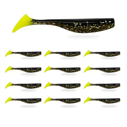 Soft Plastic Paddle Tail Swimbaits – 3 1/4", 4" & 5" Soft Plastic Fishing Lures with Extra-Large Tail for Lifelike Swimming Action – Freshwater & Saltwater - color: Gold with Chartreuse Tail, size: 3 1/4 Inch - 12 Pack