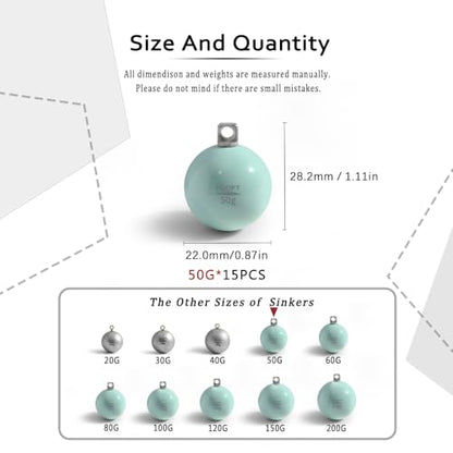 Lead Free Fishing Weights Sinkers 20g-200g Coated Egg Sinkers Cannonball Weights Assorted Sizes Bag and Fishing Weights Assortment Box Non-Lead Fishing Weights Saltwater Freshwater - style: 50g(1.76oz)-15pcs
