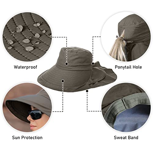 Womens Sun Hat UPF 50+ Wide Brim and Ponytail Hole, Hiking Safari Hat with Neck Flap… - color: Beige & Army Green