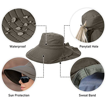 Womens Sun Hat UPF 50+ Wide Brim and Ponytail Hole, Hiking Safari Hat with Neck Flap… - color: Beige & Army Green