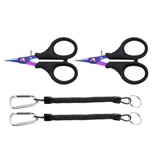 PATIKIL Fishing Scissors, 2 Pack Non-Slip Serrated Edge Scissors Fishing Braided Line Snips Fishing Line Cutter with Lanyard for Fishing Trimming, Colorful Titanium