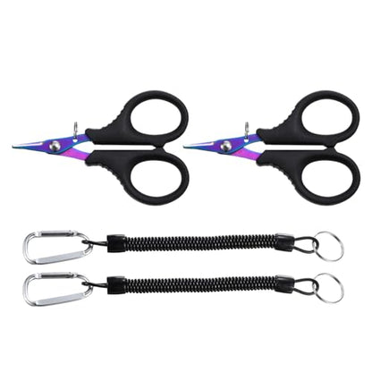 PATIKIL Fishing Scissors, 2 Pack Non-Slip Serrated Edge Scissors Fishing Braided Line Snips Fishing Line Cutter with Lanyard for Fishing Trimming, Colorful Titanium