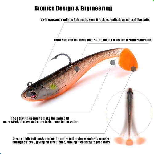 EXAURAFELIS 6Pcs Pre-Rigged Paddle Tail Swimbaits, Soft Shadtale Lures with Jig Heads, Vibrating Sinking Lures for Bass, Trout, Walleye, Pike, Muskie, Crappie, Freshwater & Saltwater Jigging Bait