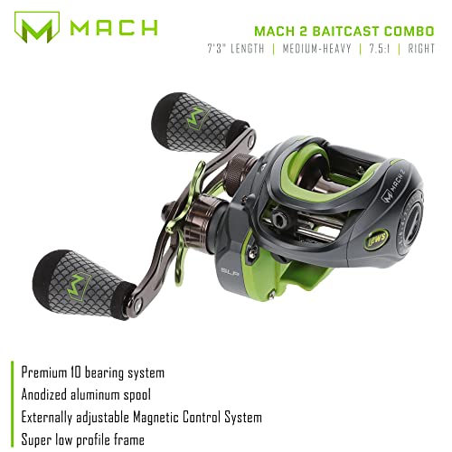 Lew's MACH 2 Baitcast Reel and Fishing Rod Combo, IM8 Graphite Blank Fishing Rod, Winn Dri-Tac Ultra Handle, Black/Green - size: 7'3"