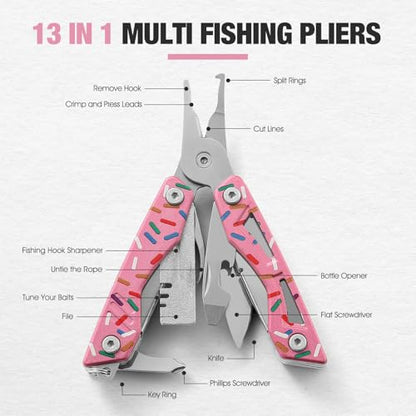 VIRENKNIFE 13-in-1Multi Tool Pliers, Stainless Steel Mini EDC Multitool with Pocket Knife,Screwdriver，Bottle Opener，Fishing Hook Sharpener，Perfect for Camping, Hiking, Fishing（Donut） - color: Pink Donut