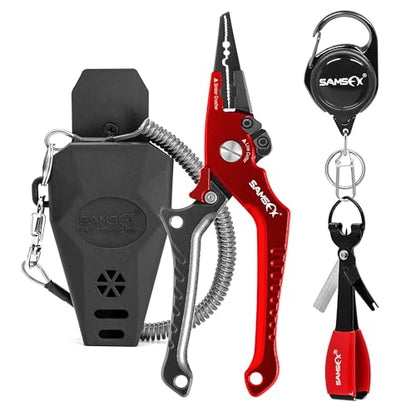 SAMSFX Aluminum Fishing Pliers Hook Remover Braid Line Cutter with Coiled Lanyard, Fly Fishing Knot Tying Tool & Retractors - color: 7'' Split Ring Nose, Gray & Red Handle