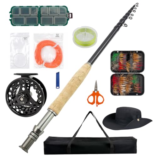 Telescopic Fly Fishing Rod and Reel Combo Kit Carbon Fiber Complete Fly Fishing Set - size: 10FT 7/8WT