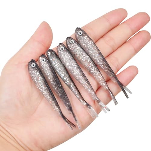 30 Pcs Plastic Soft Fishing Lures Silver Lifelike Forked Tail Minnow Crappie Fishing Swim Baits Tackle Lure for Saltwater Freshwater Bass Walleye Trout Chub Rockfish