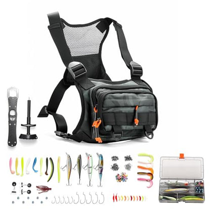 All in One Fishing Chest Pack Tackle Bag with Tackle Box, Fishing Lures Kit, Hook Remover Tool, Fish Lip Gripper, Fishing Plier Friendly for Beginners & Professional Anglers Gifts for Men (Green) - color: Green