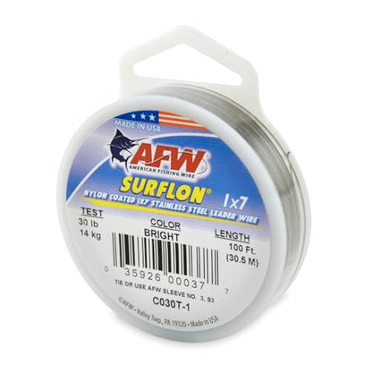 American Fishing Wire Surflon Nylon Coated 1x7 Stainless Steel Wire Leader - Wire Fishing Leader Line for Saltwater 10lb Up To 250lb Test in Bright, Black, Camo in 30ft, 100ft, 300ft, & 1000ft Lengths - color: Bright, style: 100 Feet, 30 Pound Test