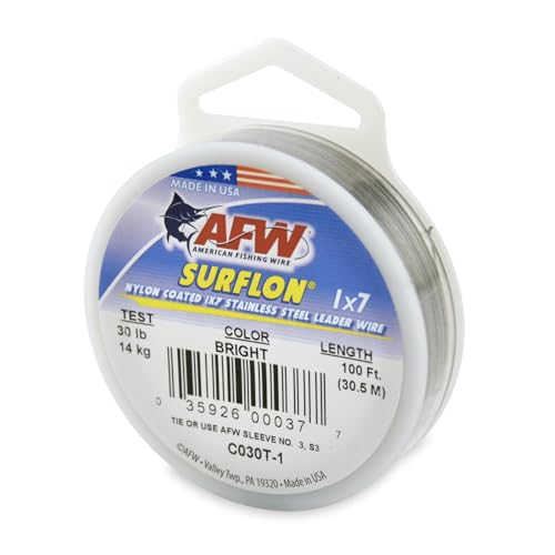 American Fishing Wire Surflon Nylon Coated 1x7 Stainless Steel Wire Leader - Wire Fishing Leader Line for Saltwater 10lb Up To 250lb Test in Bright, Black, Camo in 30ft, 100ft, 300ft, & 1000ft Lengths - color: Bright, style: 100 Feet, 30 Pound Test