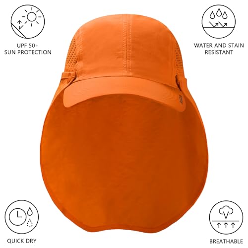BASSDASH UPF 50+ Foldable Fishing Hat Baseball Cap with Removable Neck Flap Portable for Men Women Golf Hiking - color: Orange With Unfoldable Brim